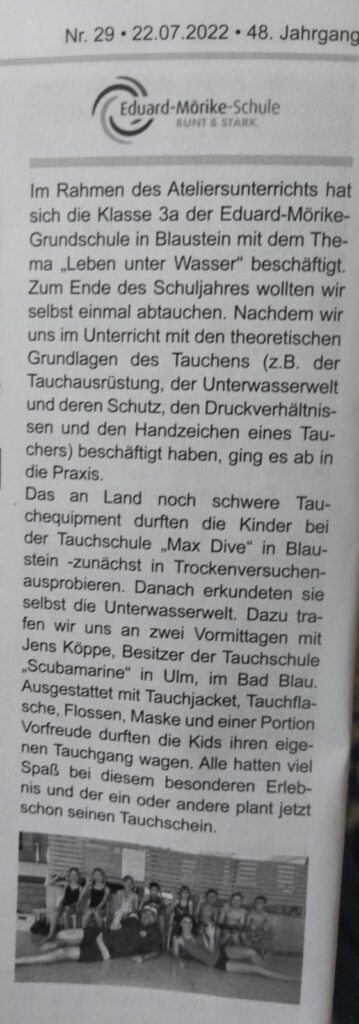 Auf Tauchstation mit der Eduard-Mörike-Grundschule Blaustein 4 Blausteiner Anzeiger
